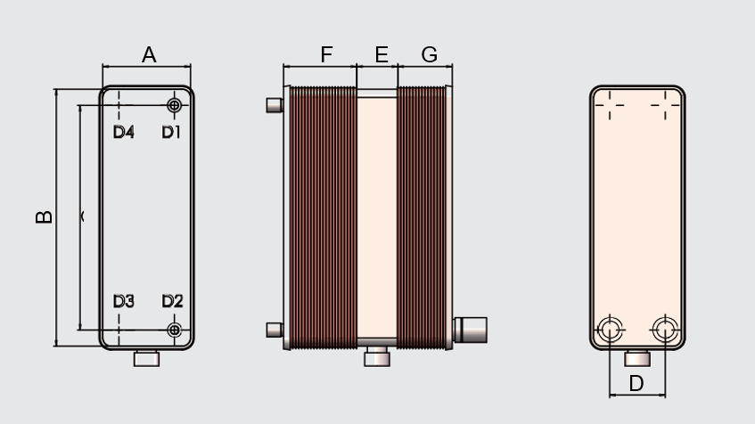 Air dryer dimensional drawing with A, B, C, D, E, F and G references