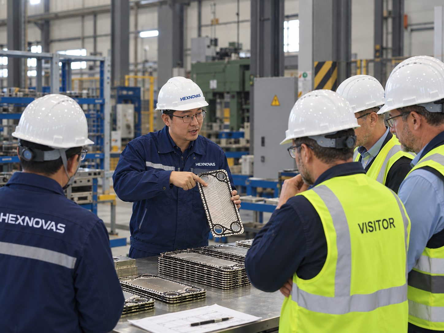 HEXNOVAS engineer presenting a gasketed plate heat exchanger plate to international factory visitors