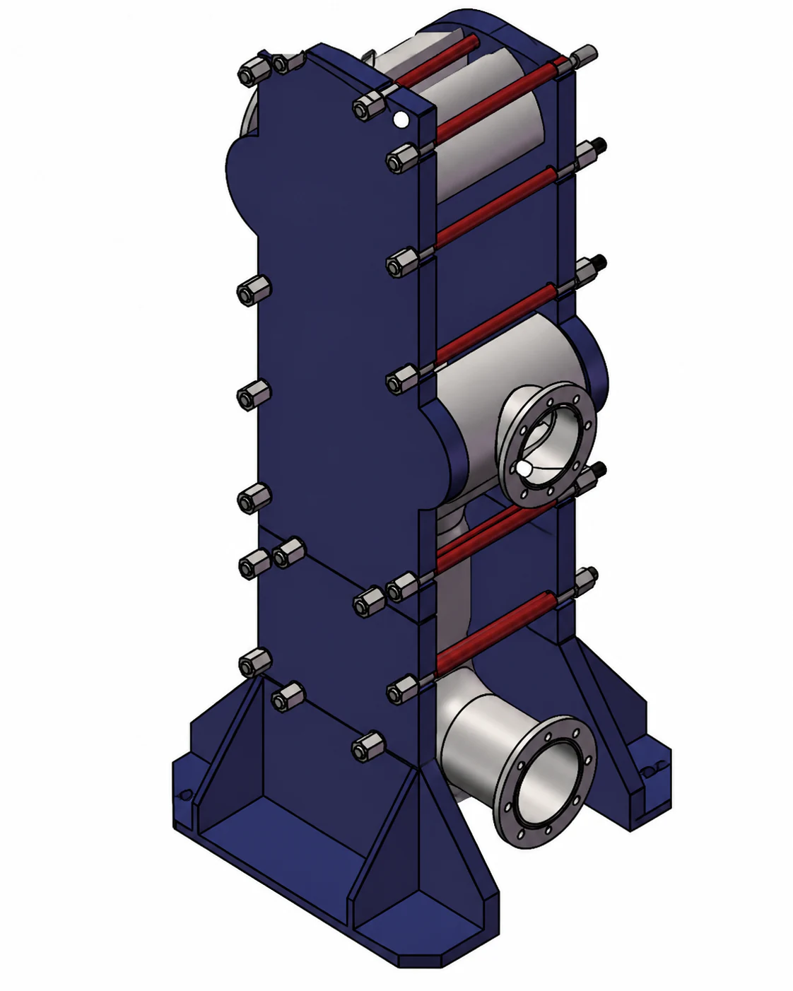 HEXNOVAS plate and block heat exchanger pressure frame with red tie rods and welded plate block
