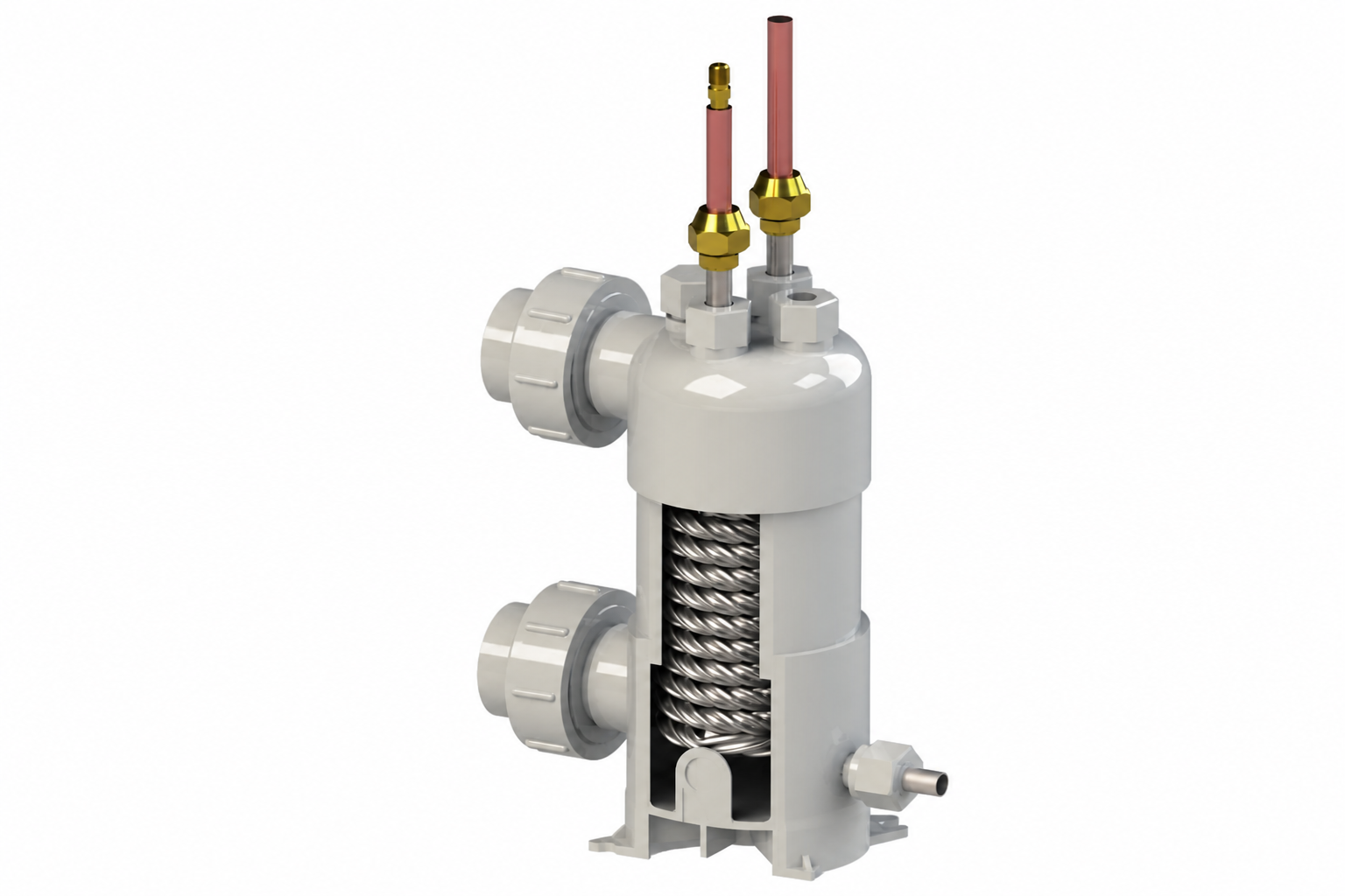Cutaway HEXNOVAS PVX heat exchanger showing PVC shell and titanium tube coil