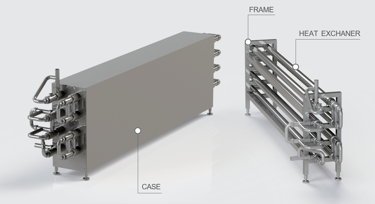 HEXNOVAS sanitary tubular heat exchanger with stainless case, removable frame and tubular heat-transfer sections
