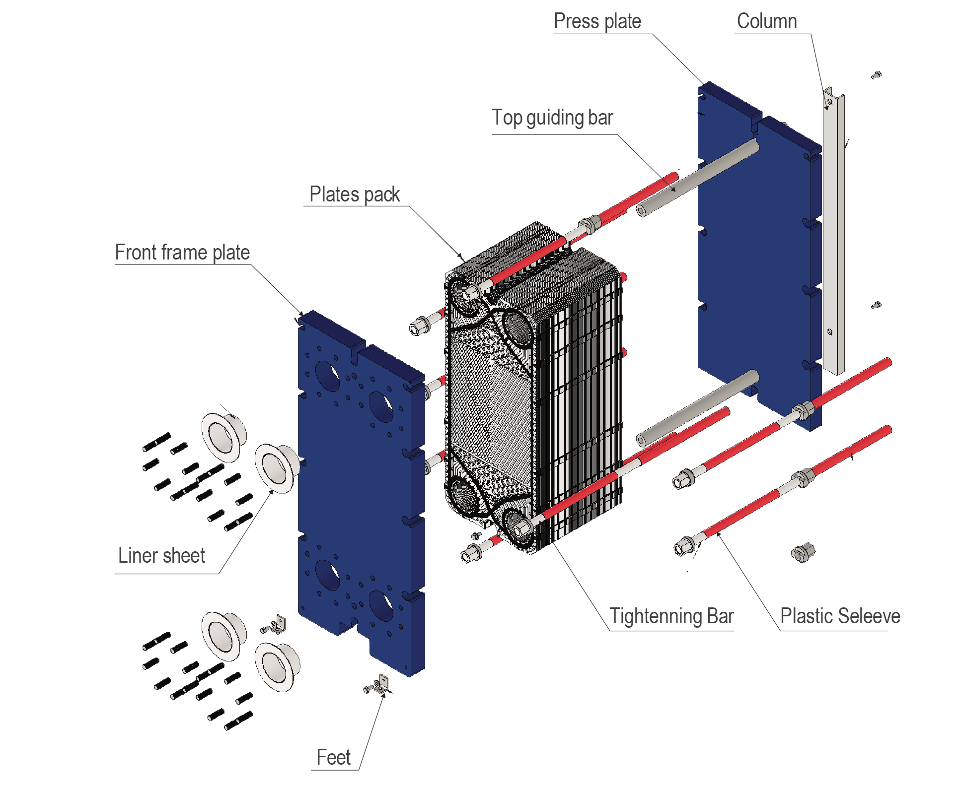 Exploded construction of a standard gasketed plate heat exchanger