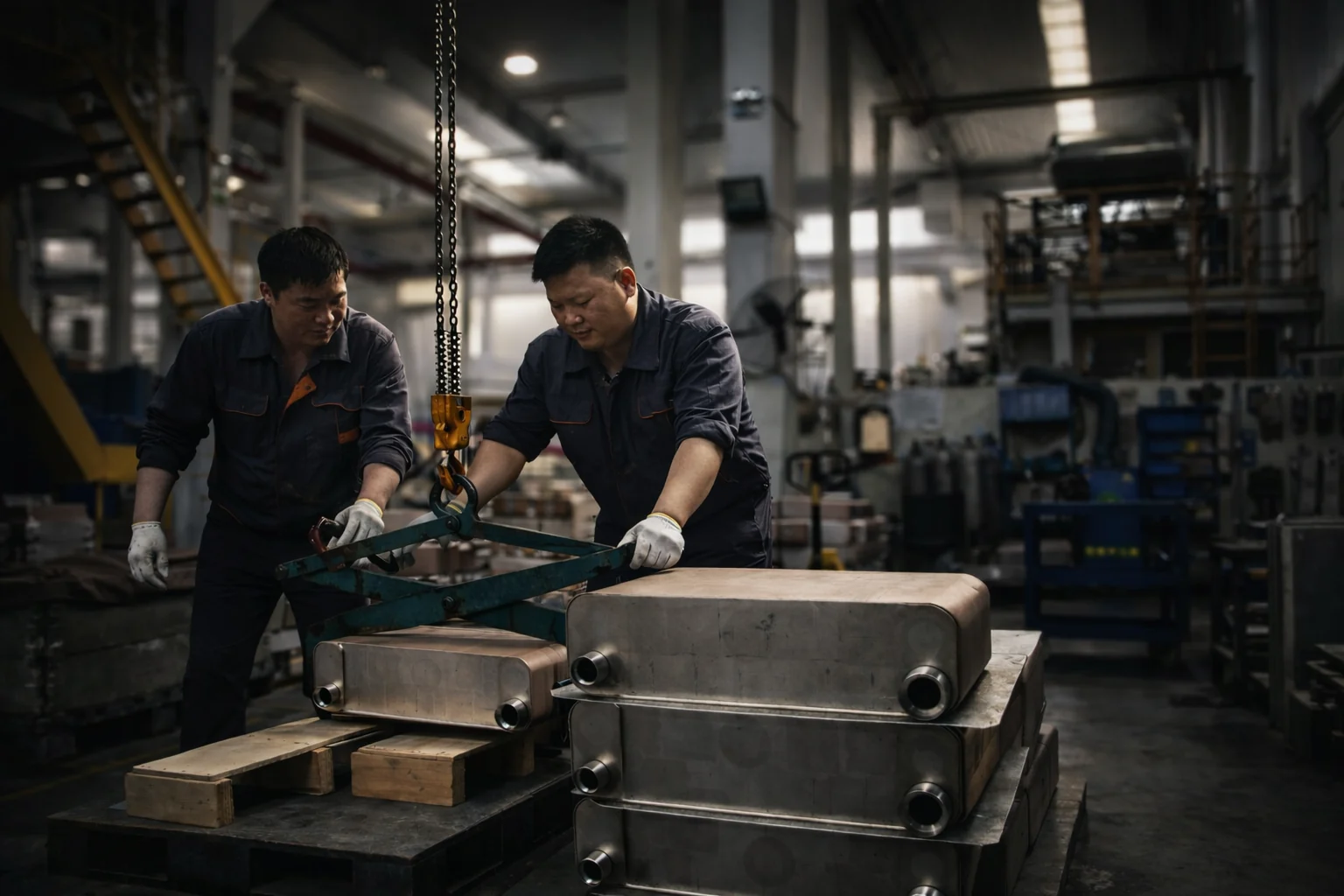 HEXNOVAS workshop team handling finished brazed plate heat exchangers