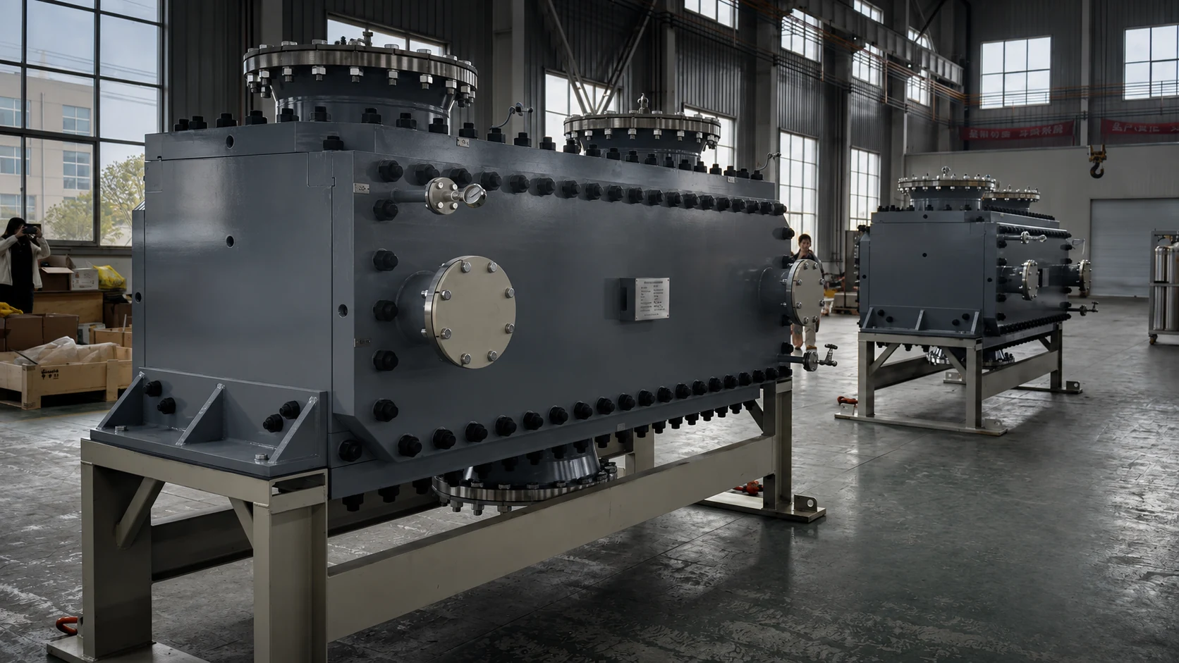 Large Compabloc heat exchangers arranged for final workshop inspection