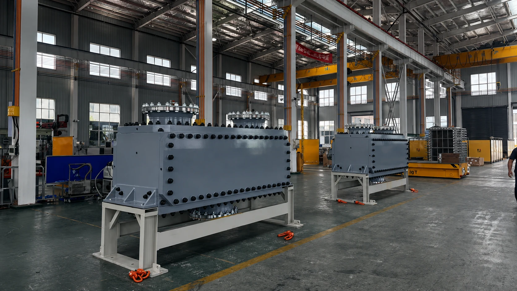 Two completed Compabloc heat exchangers in the production hall
