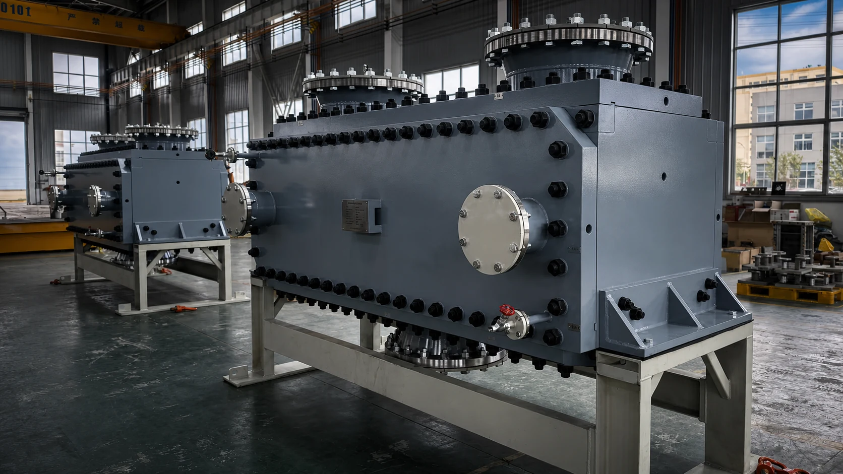 Close three-quarter view of a completed Compabloc heat exchanger