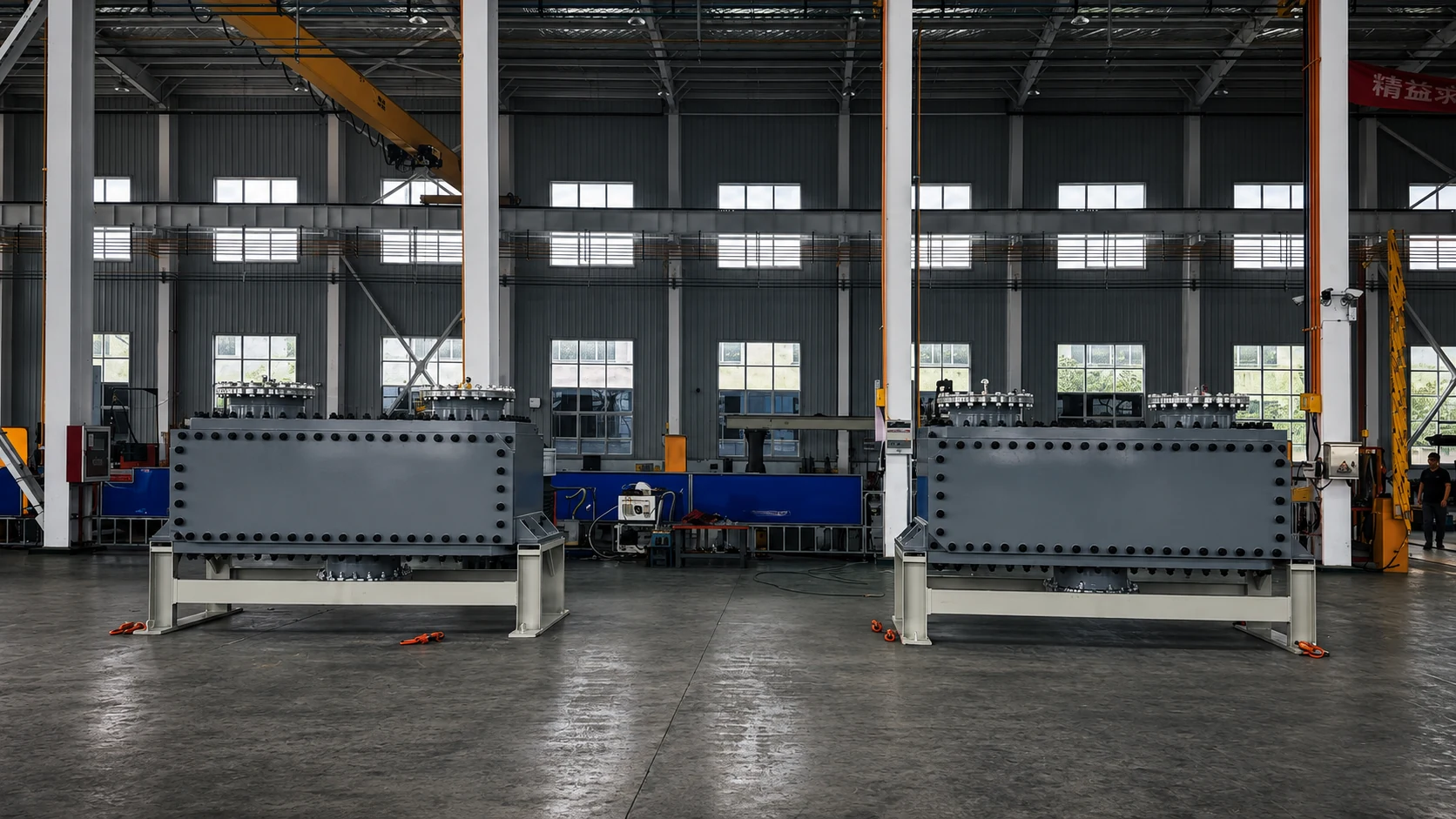 Paired Compabloc heat exchangers aligned in the manufacturing workshop