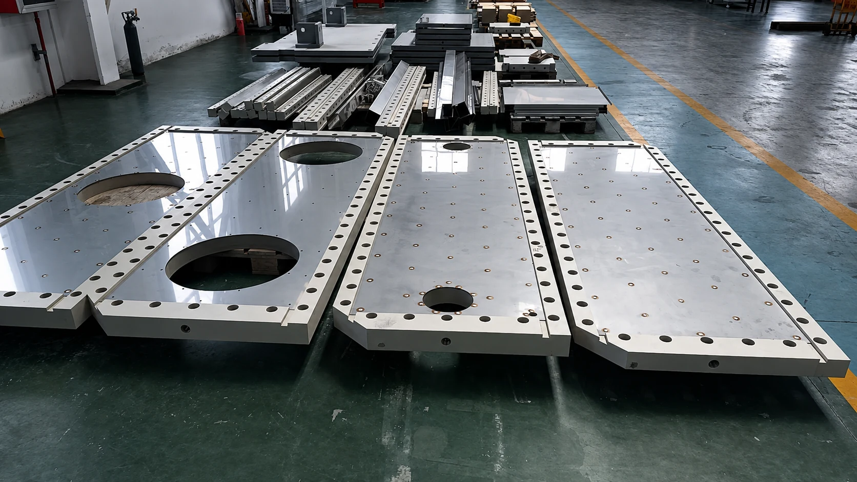 Machined Compabloc cover panels and frame components prepared for assembly