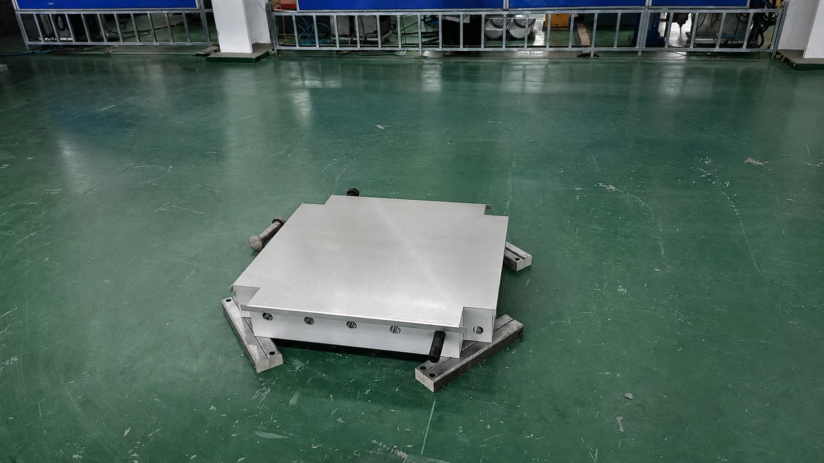 Compabloc heat exchanger component positioned on workshop supports during production
