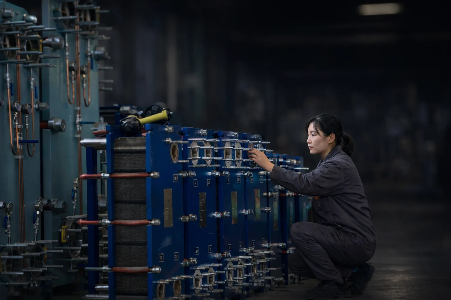 HEXNOVAS technician inspecting gasketed plate heat exchanger test equipment