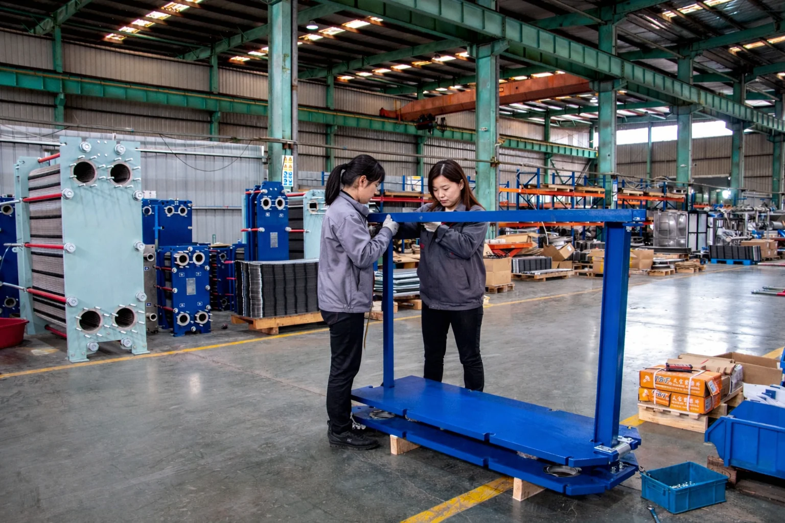 HEXNOVAS technicians assembling a gasketed plate heat exchanger frame