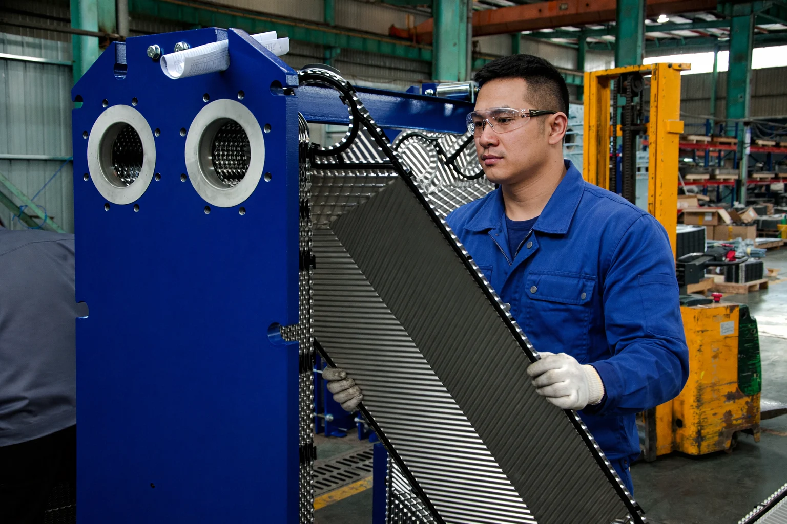 HEXNOVAS technician installing plates in a gasketed plate heat exchanger