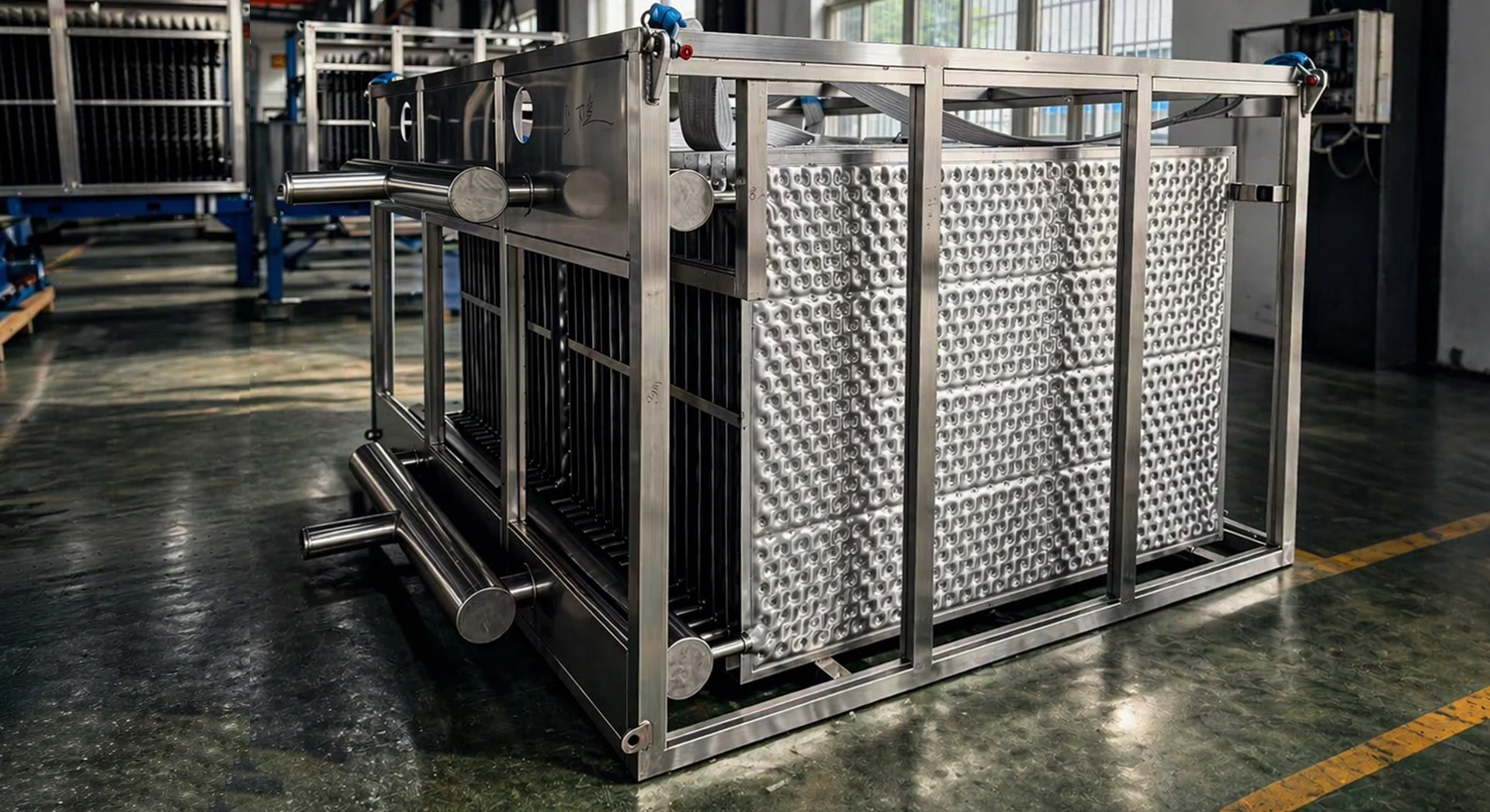 Finished rectangular pillow plate heat exchanger assembly in the workshop