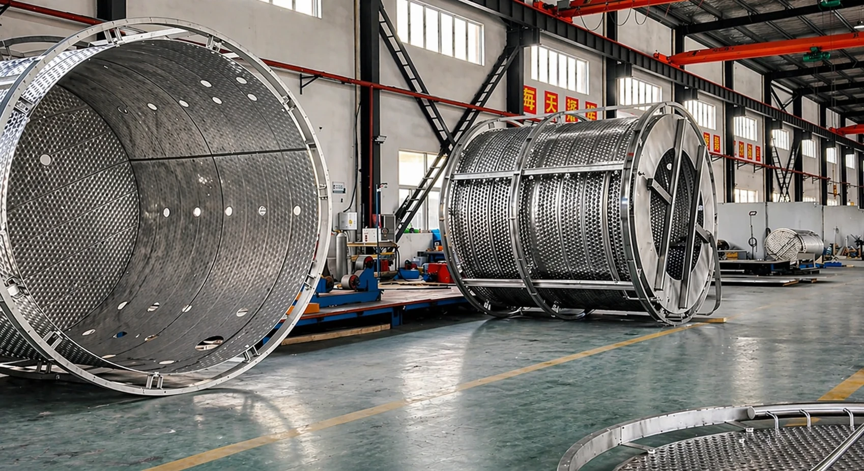 Large cylindrical pillow plate assemblies under fabrication