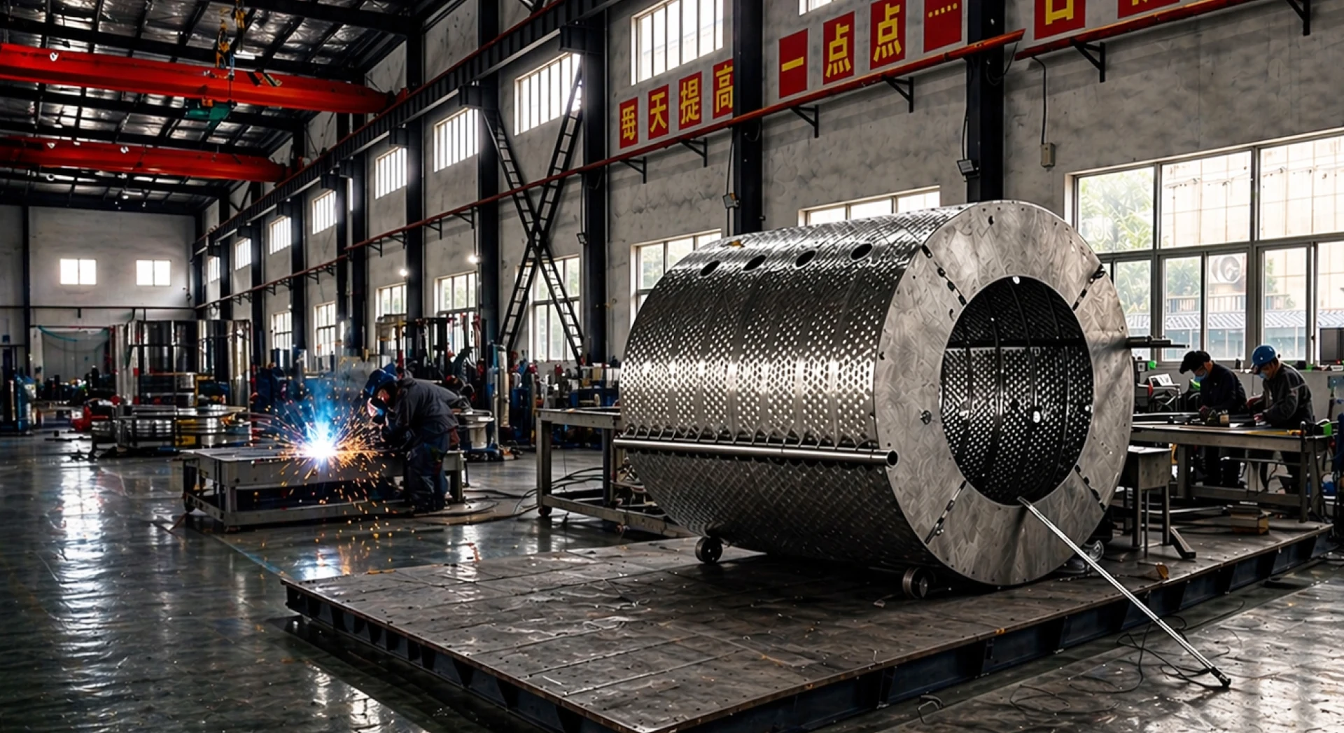 Welder fabricating a large cylindrical pillow plate assembly