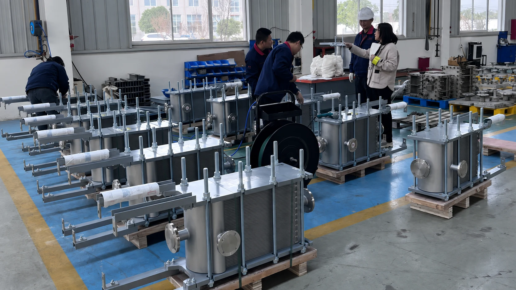 Unbranded plate and block heat exchanger production lineup undergoing workshop inspection