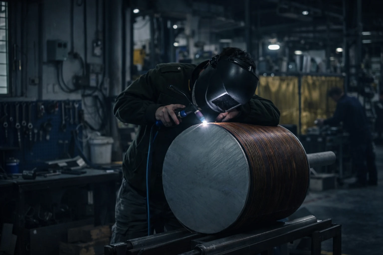 HEXNOVAS welder fabricating a circular plate pack for a plate and shell heat exchanger