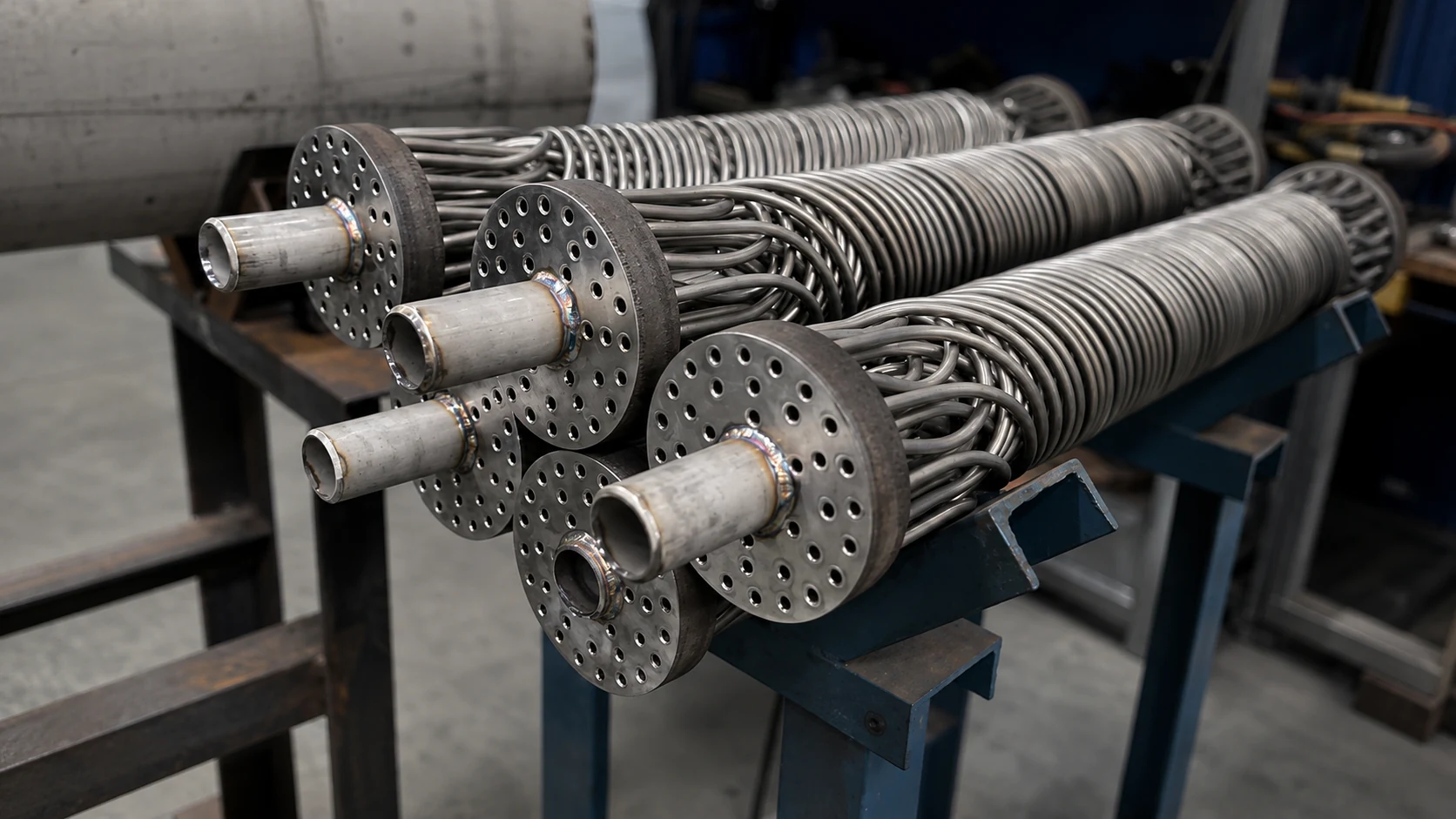 Removable stainless-steel shell and coil heat exchanger bundles viewed from the tube sheets