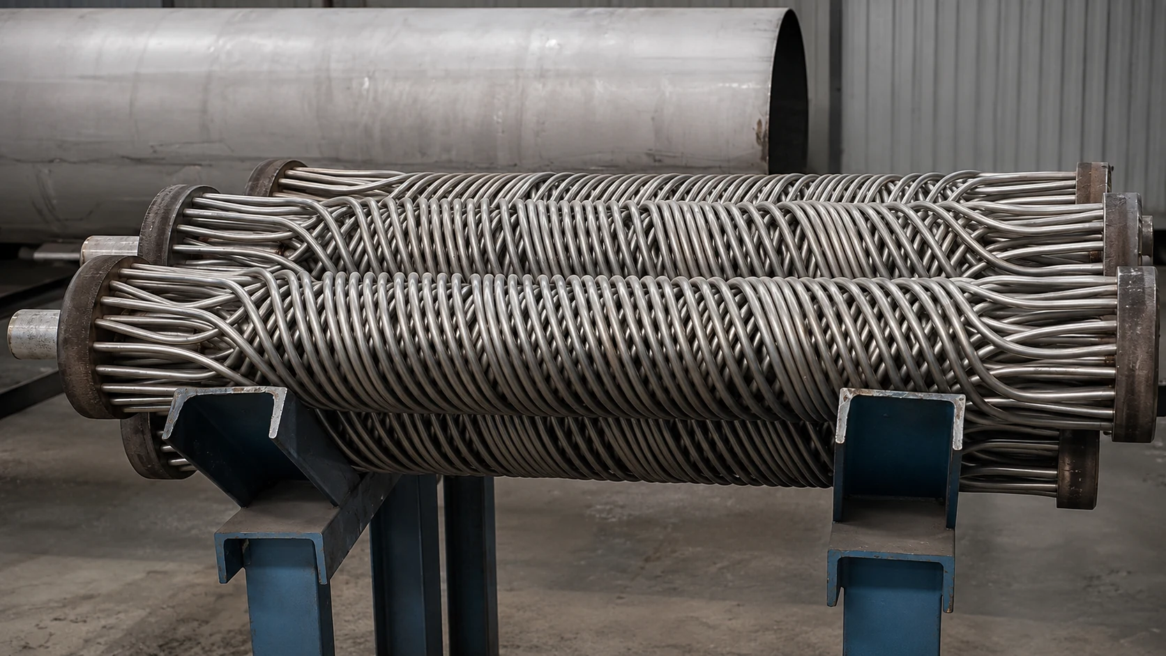 Close side view of helical stainless-steel tube bundles during shell and coil heat exchanger production