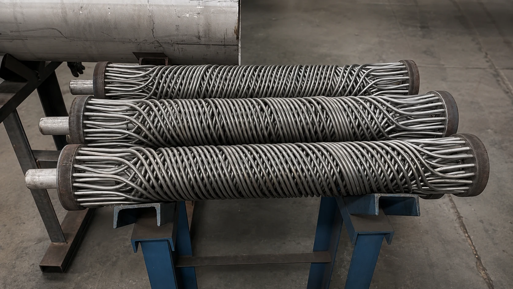 Three removable shell and coil heat exchanger bundles arranged for workshop inspection