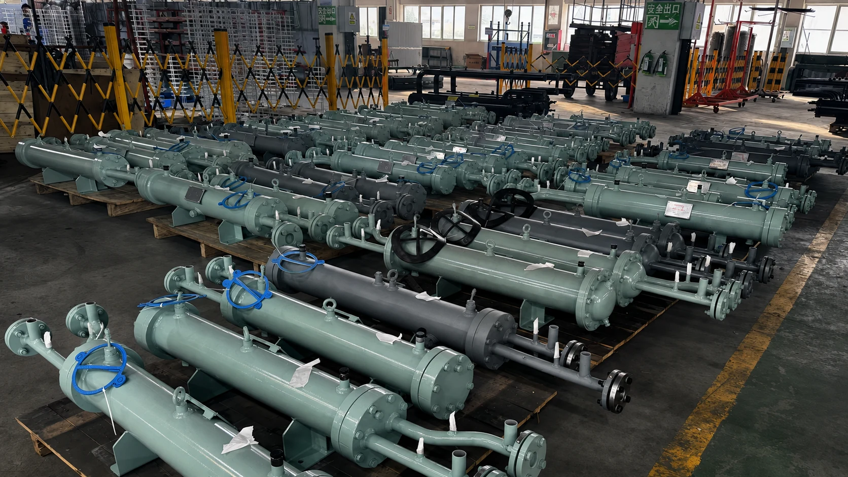 Palletized shell and tube heat exchangers arranged for workshop inspection