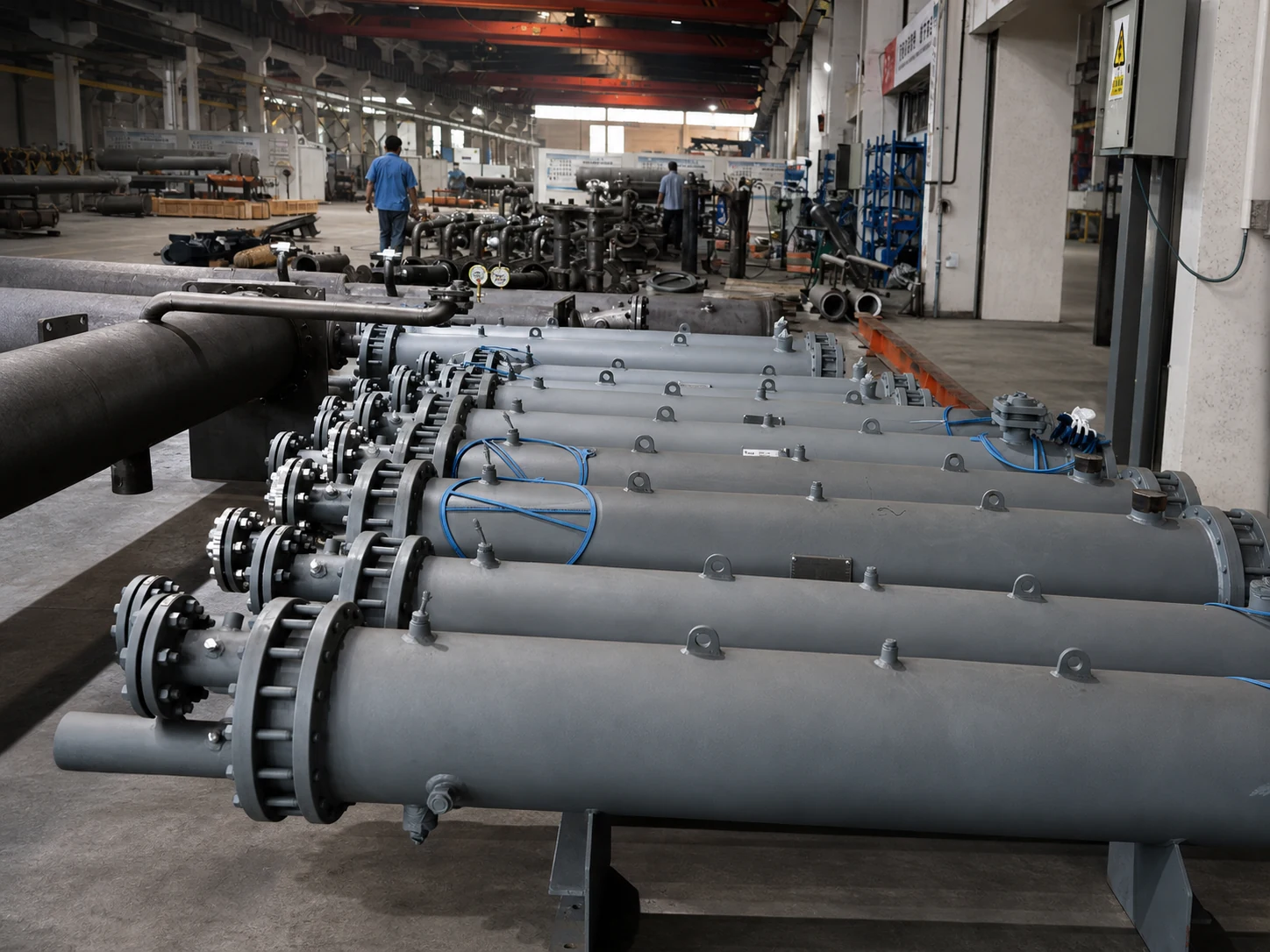 Close production-line view along gray shell and tube heat exchanger shells