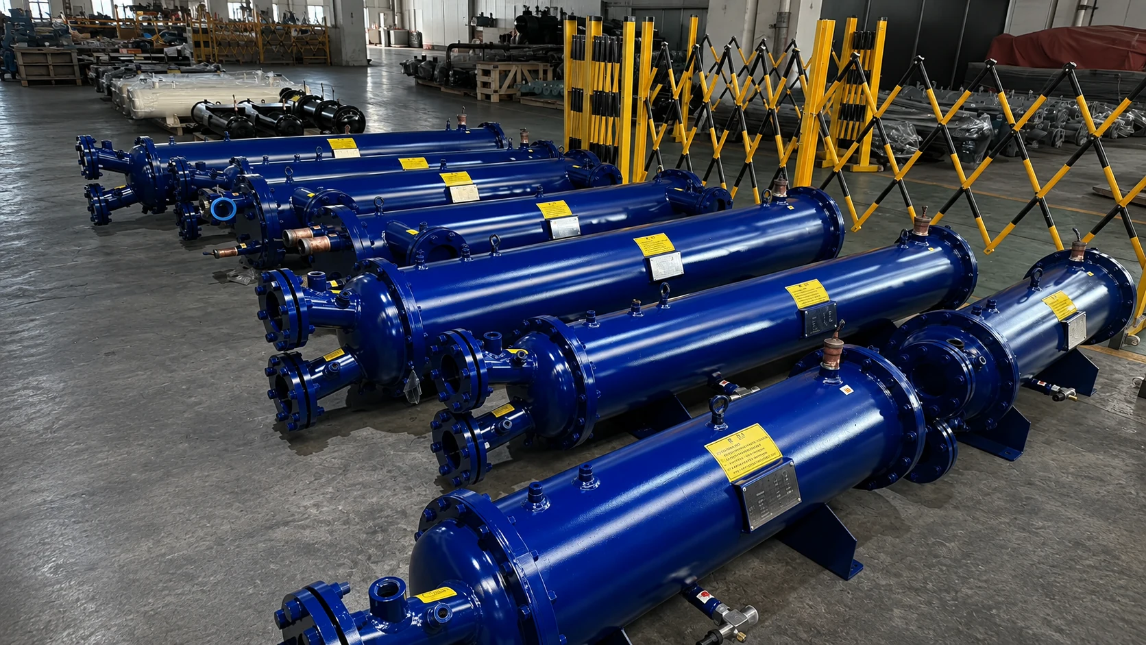 Finished blue shell and tube heat exchangers aligned in the factory