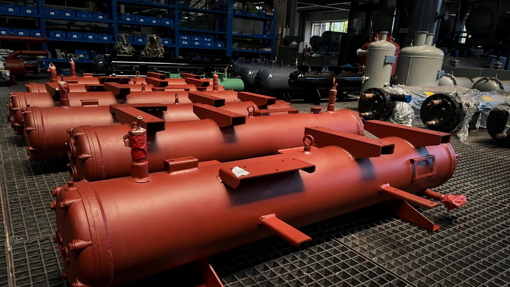Red, black and cream shell and tube heat exchanger units in final production
