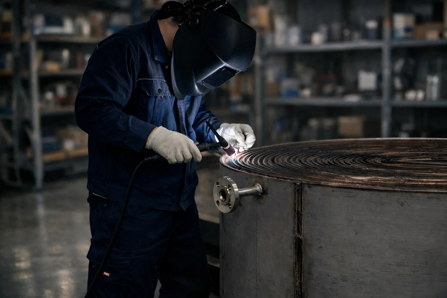 HEXNOVAS welder fabricating a spiral plate heat exchanger core