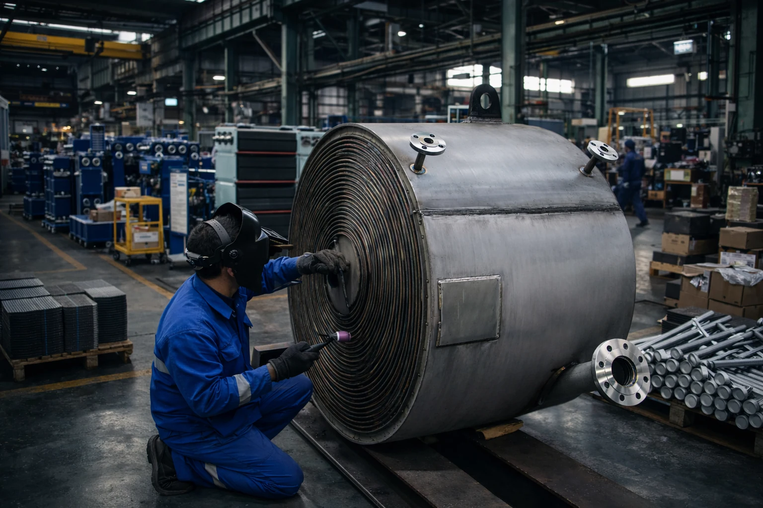 Spiral plate heat exchanger undergoing workshop welding and assembly